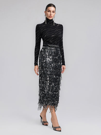 Tassel Sequin Midi Skirt