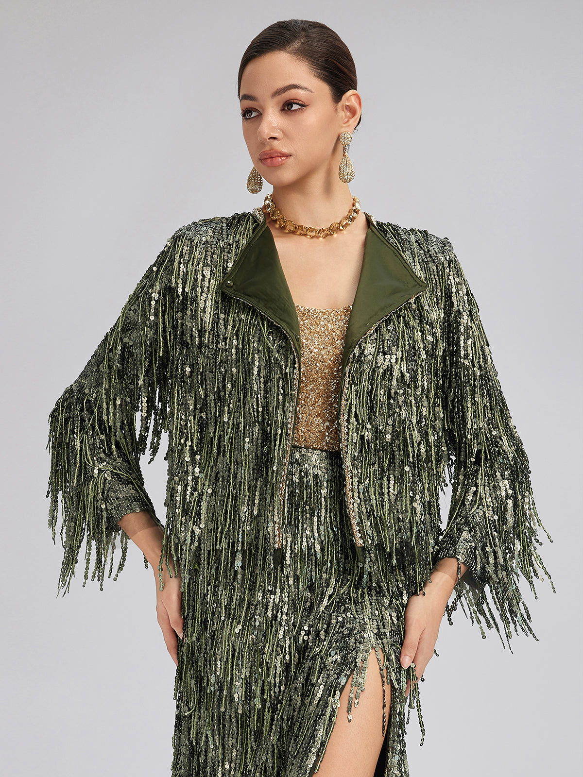 Handcrafted Sequin Fringe Crystal Trim Jacket