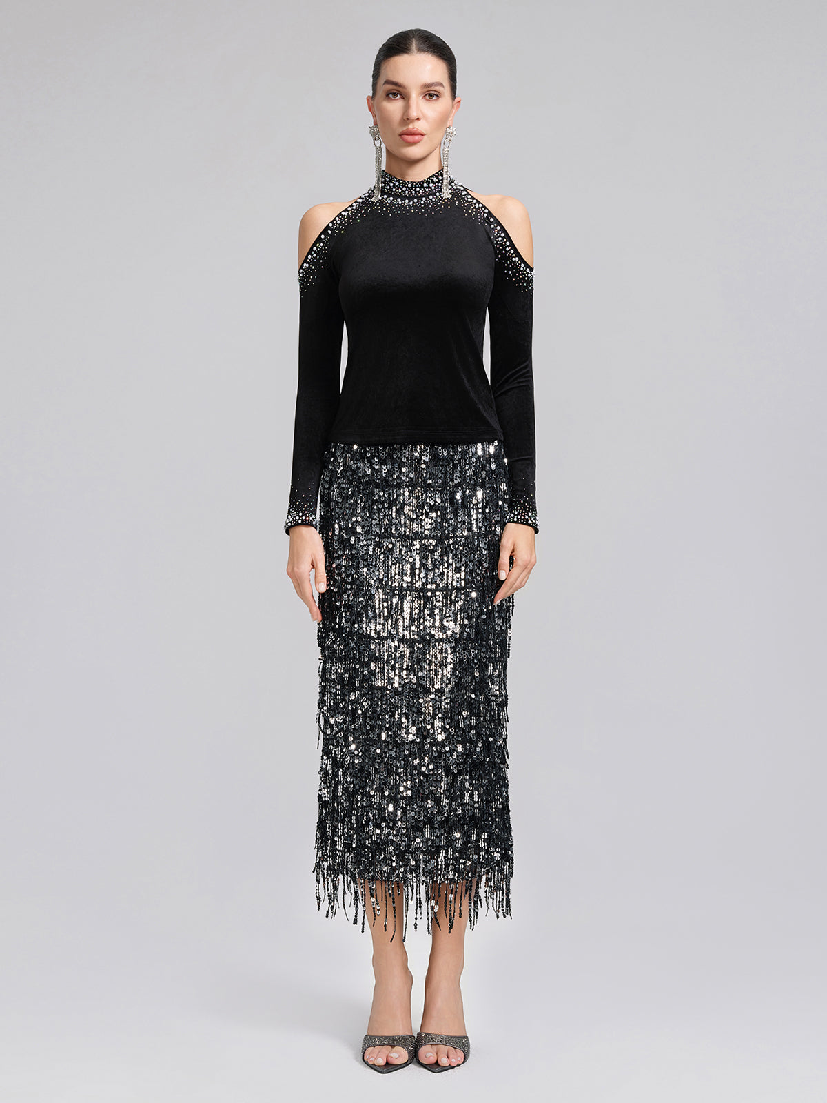 Velvet Cold-Shoulder Beaded Rhinestone Top