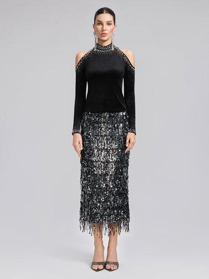 Velvet Cold-Shoulder Beaded Rhinestone Top