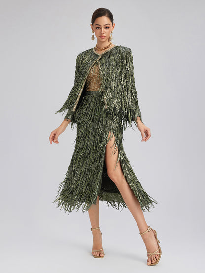 Handcrafted Sequin Fringe Crystal Trim Jacket