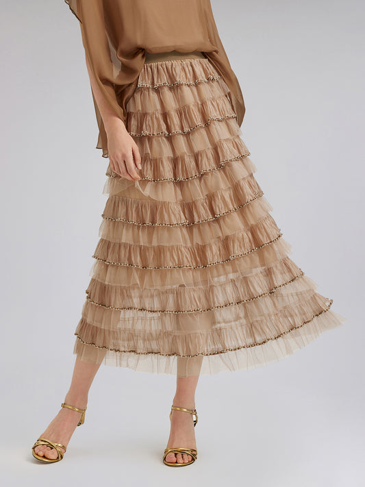 Beaded Layered Tulle Elastic-Waist Skirt