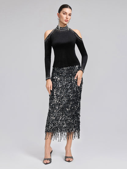 Velvet Cold-Shoulder Beaded Rhinestone Top