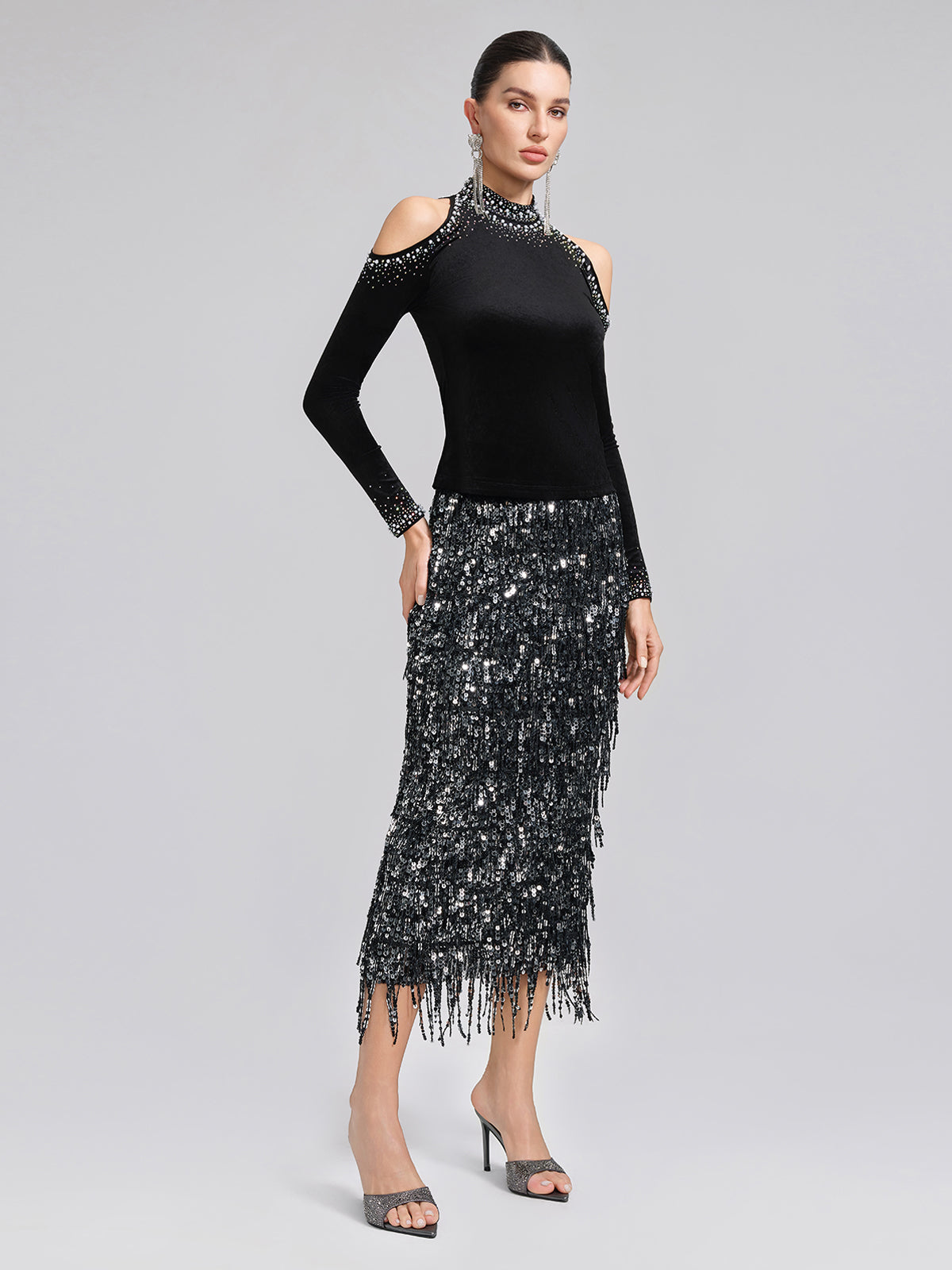 Velvet Cold-Shoulder Beaded Rhinestone Top