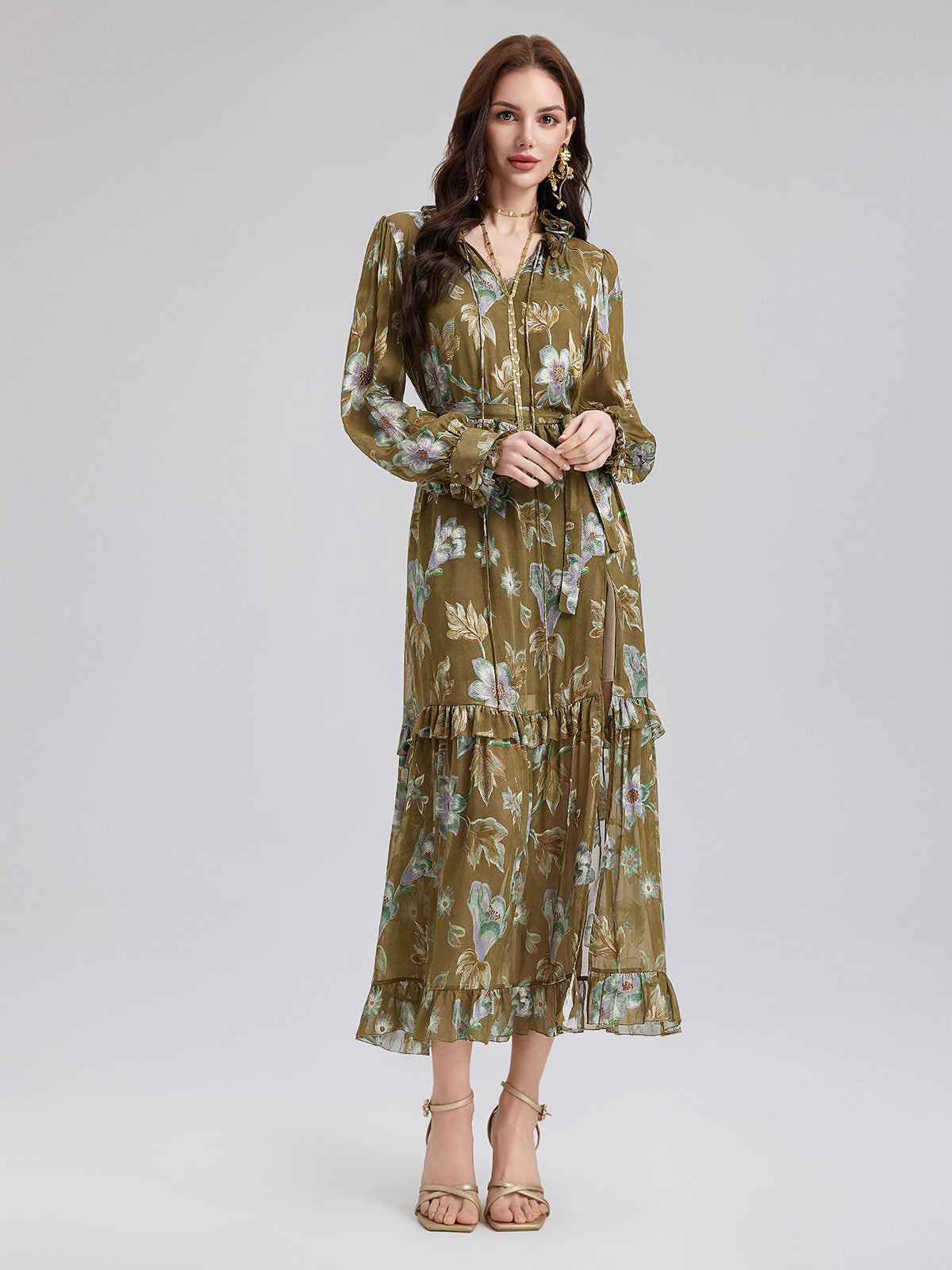 Silk Jacquard Hand-Painted Floral Dress