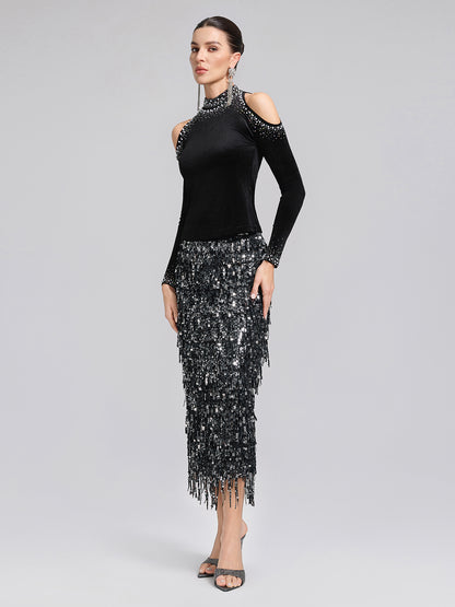 Tassel Sequin Midi Skirt
