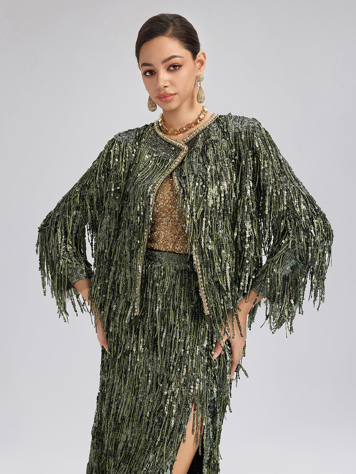 Handcrafted Sequin Fringe Crystal Trim Jacket
