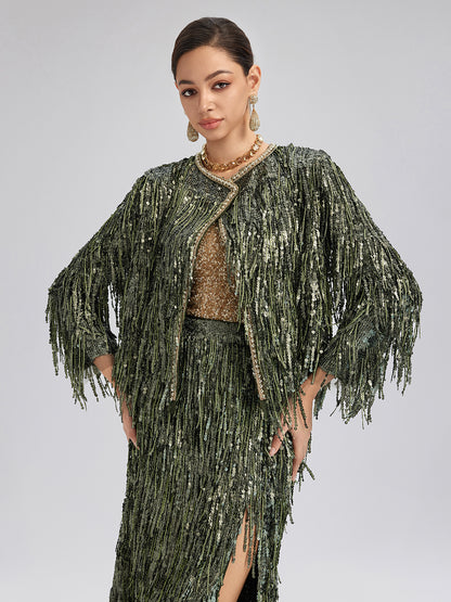 Handcrafted Sequin Fringe Crystal Trim Jacket
