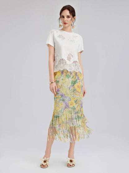 Elegant Floral Pleated Fringe Skirt
