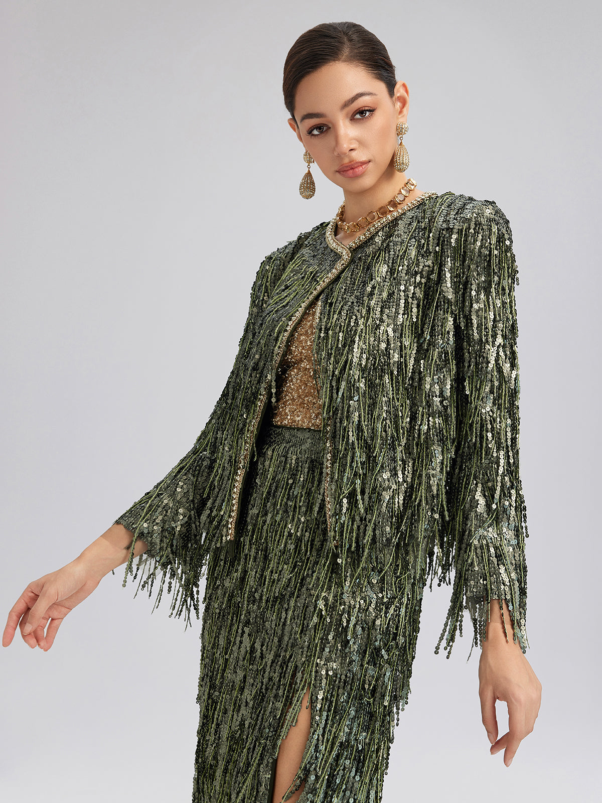 Handcrafted Sequin Fringe Crystal Trim Jacket
