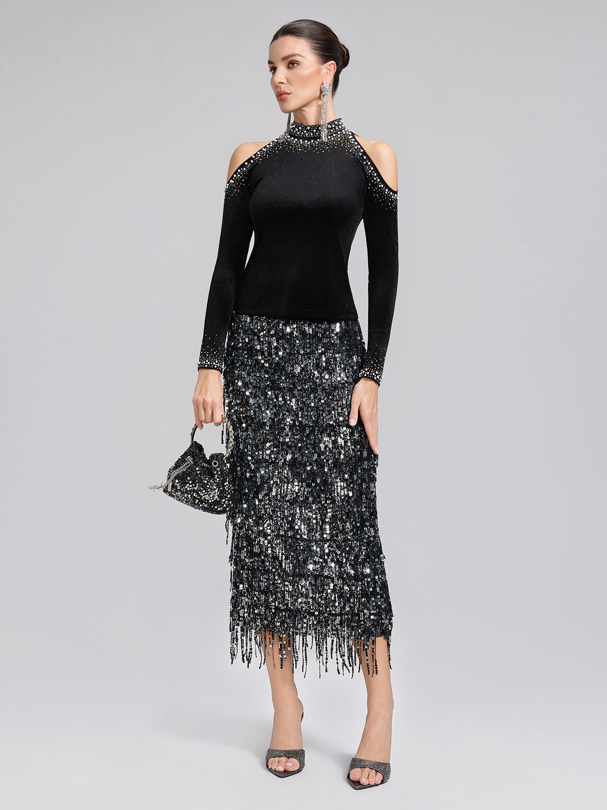 Velvet Cold-Shoulder Beaded Rhinestone Top