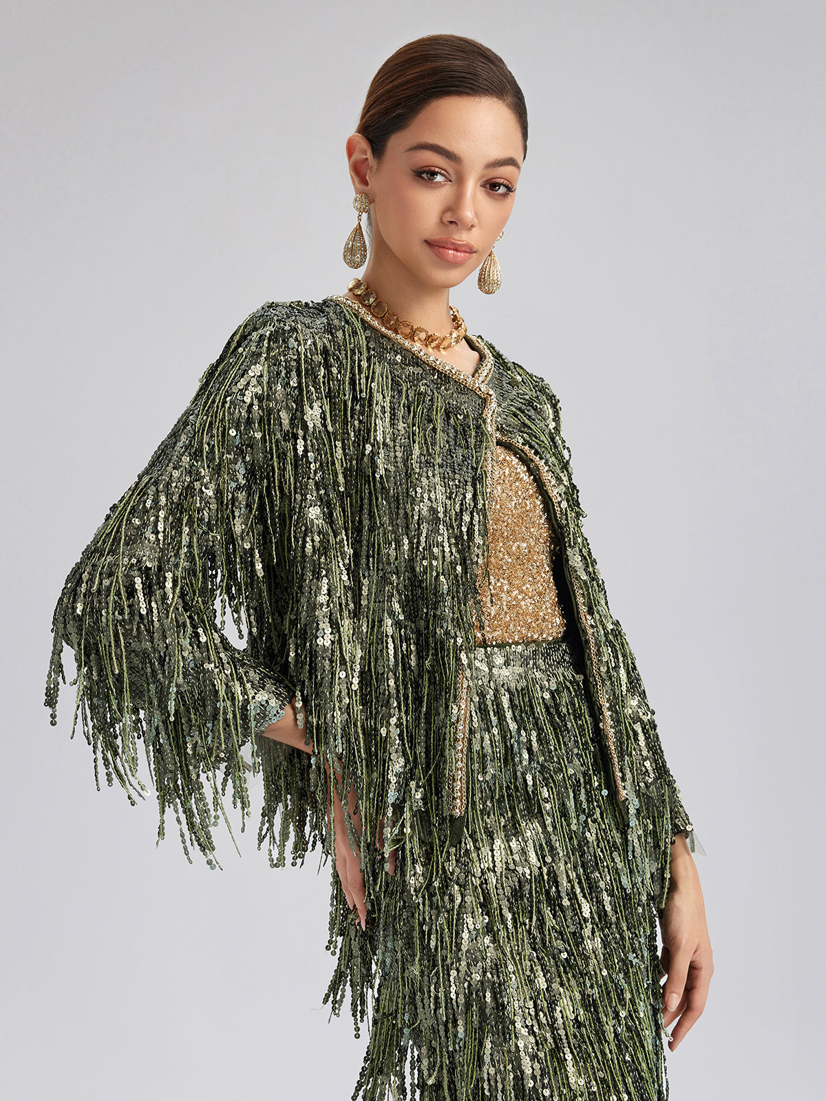 Handcrafted Sequin Fringe Crystal Trim Jacket