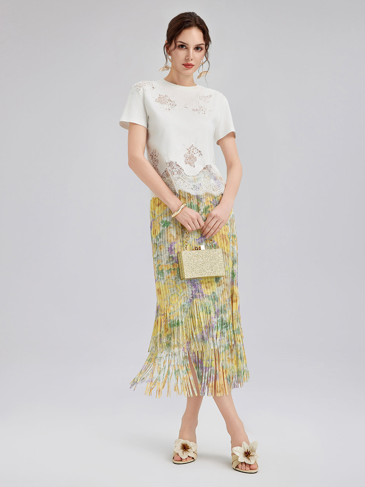 Elegant Floral Pleated Fringe Skirt
