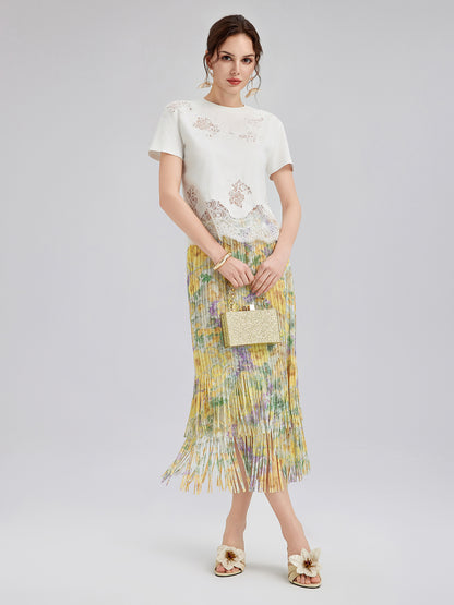 Elegant Floral Pleated Fringe Skirt