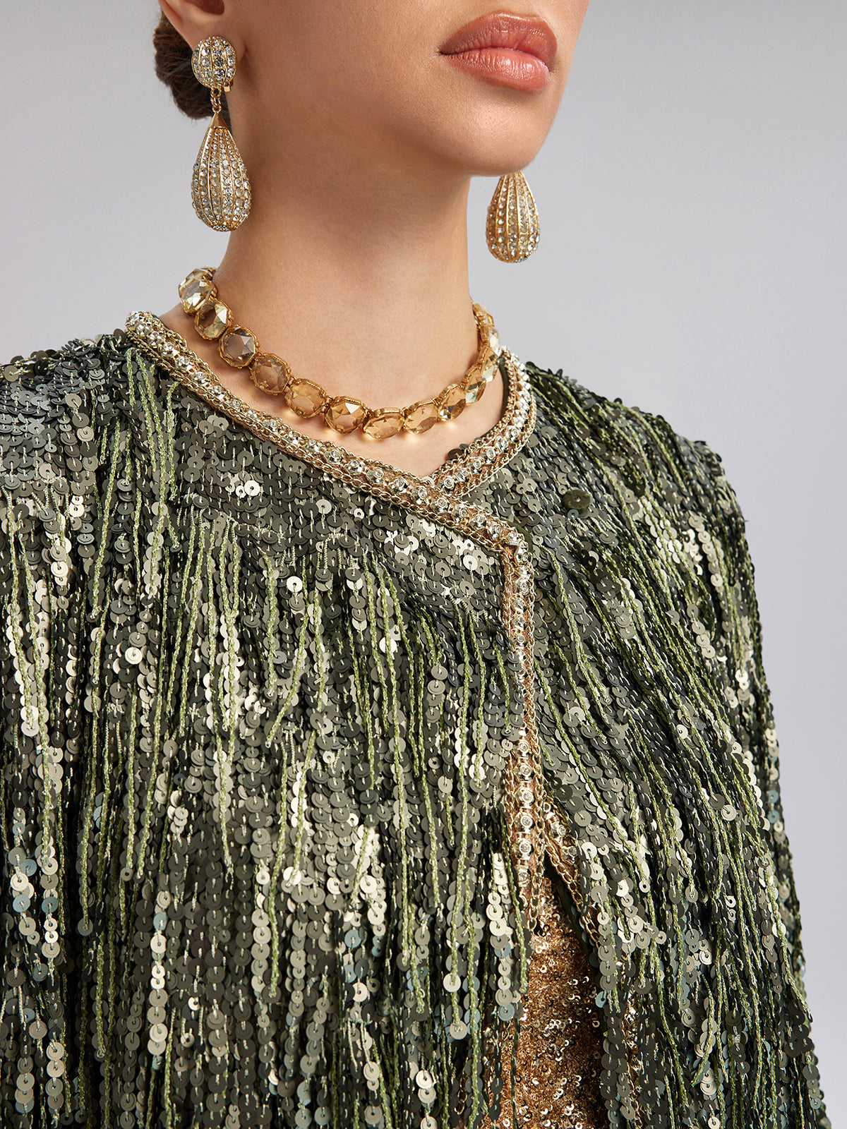 Handcrafted Sequin Fringe Crystal Trim Jacket