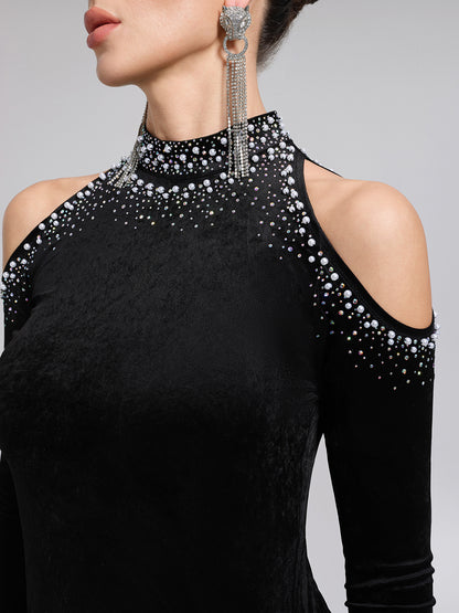 Velvet Cold-Shoulder Beaded Rhinestone Top