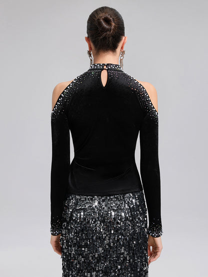 Velvet Cold-Shoulder Beaded Rhinestone Top