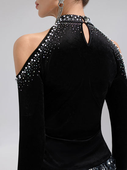 Velvet Cold-Shoulder Beaded Rhinestone Top
