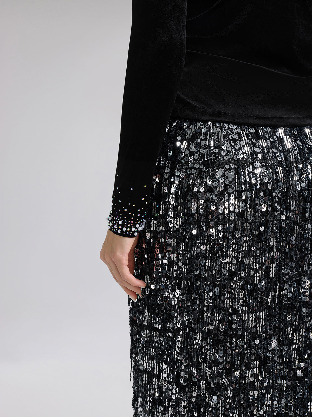 Velvet Cold-Shoulder Beaded Rhinestone Top