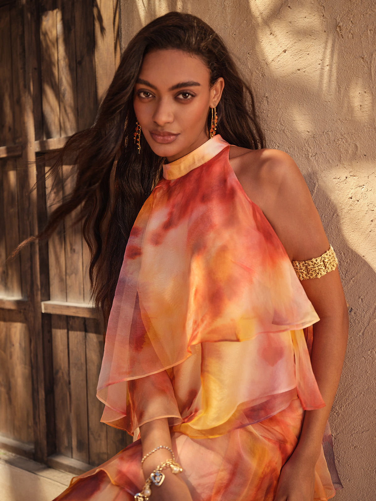 Silk Tie-Dye Off-Shoulder Vacation Top (Detachable Floral Included)