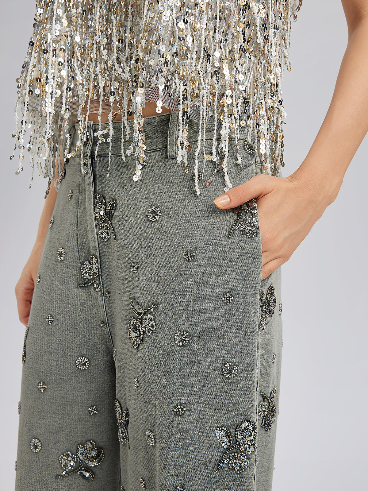 Garment Dyeing Beaded Denim Lace-Trim Pants