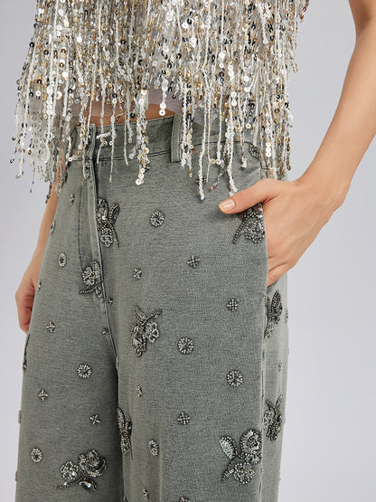 Garment Dyeing Beaded Denim Lace-Trim Pants