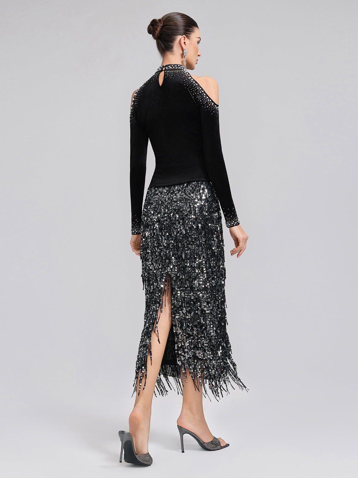 Velvet Cold-Shoulder Beaded Rhinestone Top