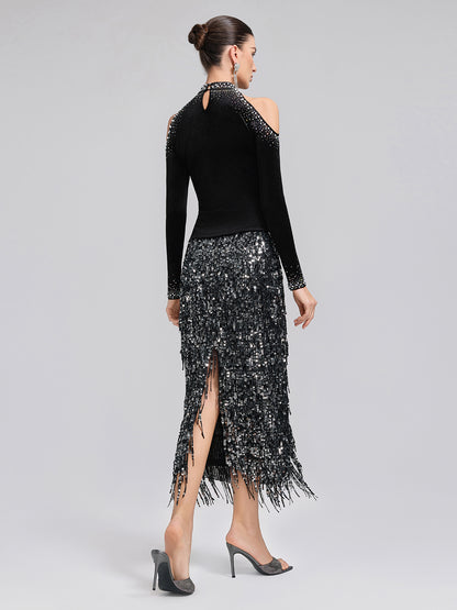 Velvet Cold-Shoulder Beaded Rhinestone Top