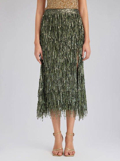 Handcrafted Sequin Fringe Front-Slit Mermaid Skirt