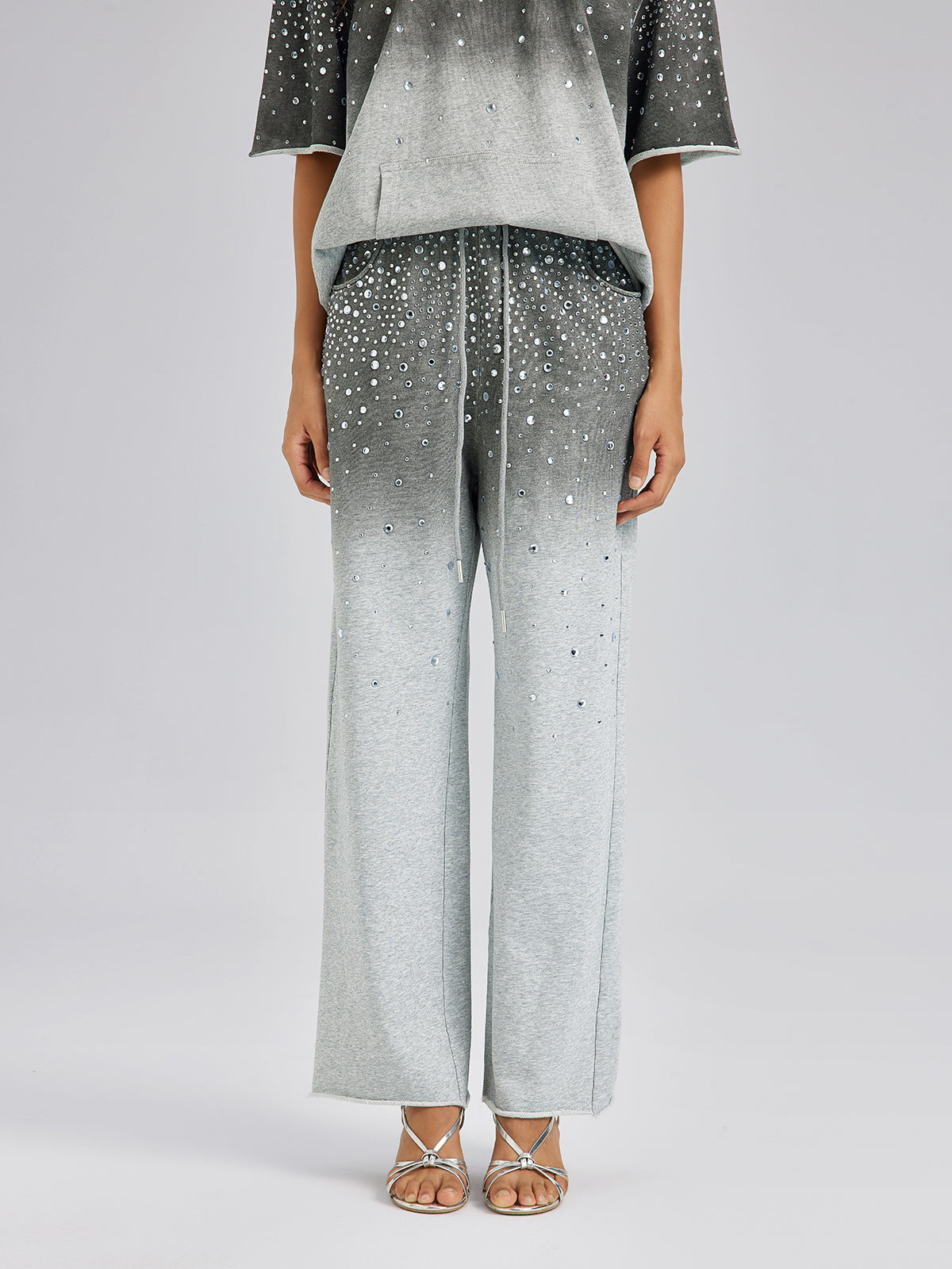 Ombre Rhinestones Washed Knit Pants