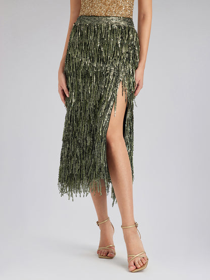 Handcrafted Sequin Fringe Front-Slit Mermaid Skirt