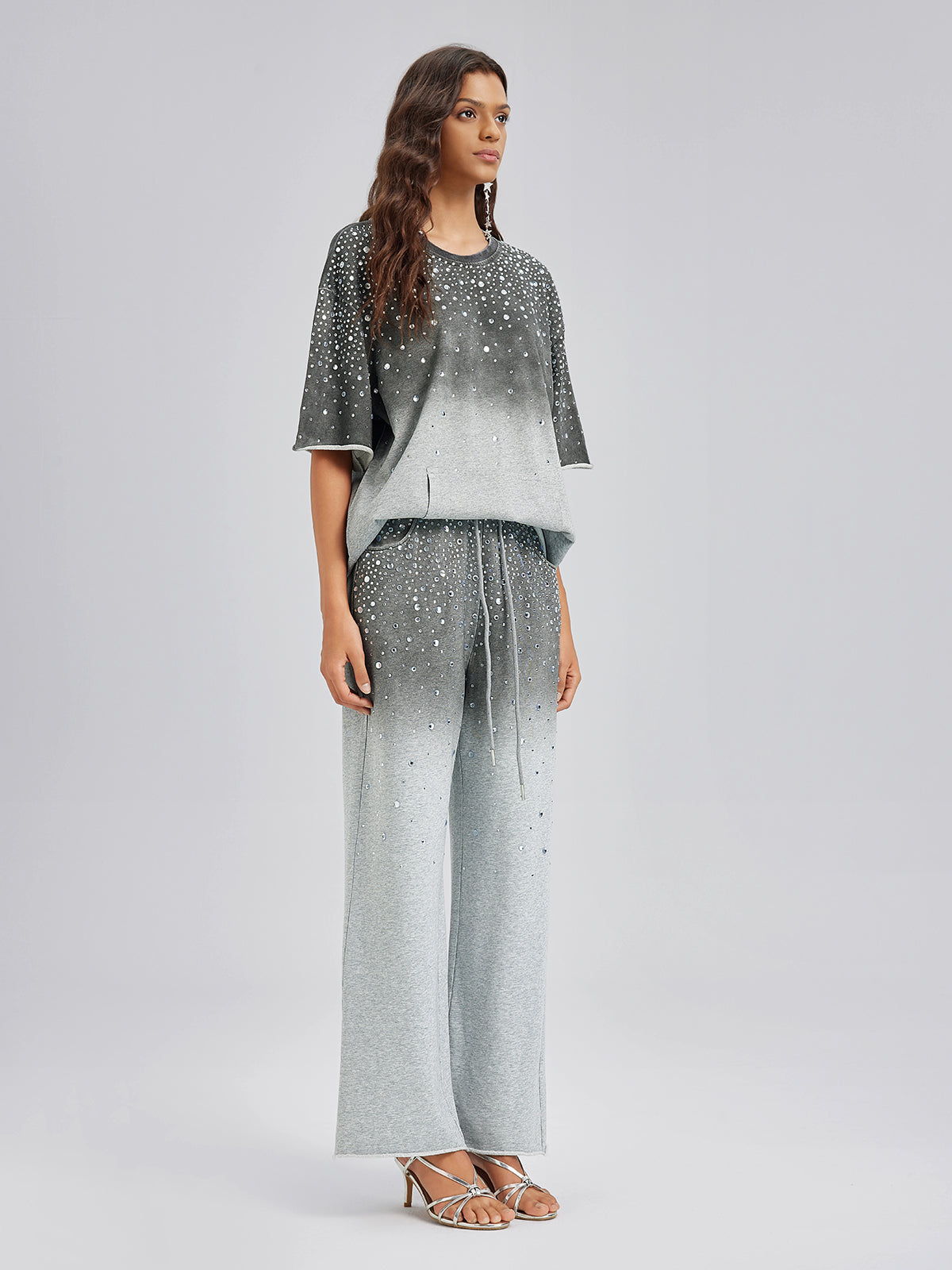 Ombre Rhinestones Washed Knit Pants