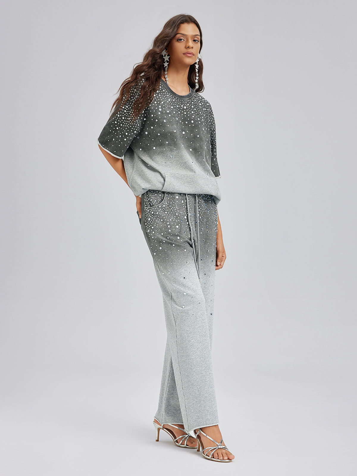Ombre Rhinestones Washed Knit Pants