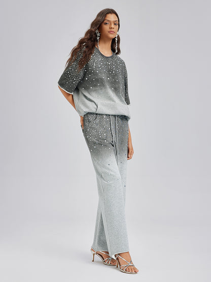Ombre Rhinestones Washed Knit Pants