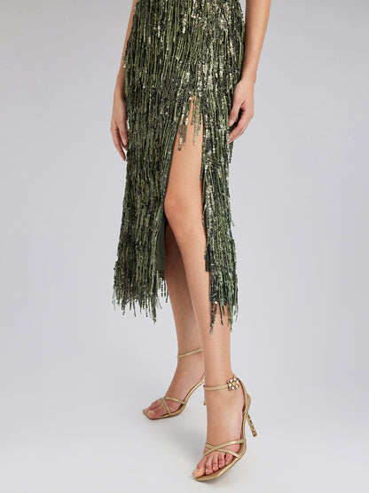 Handcrafted Sequin Fringe Front-Slit Mermaid Skirt