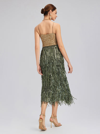 Handcrafted Sequin Fringe Front-Slit Mermaid Skirt