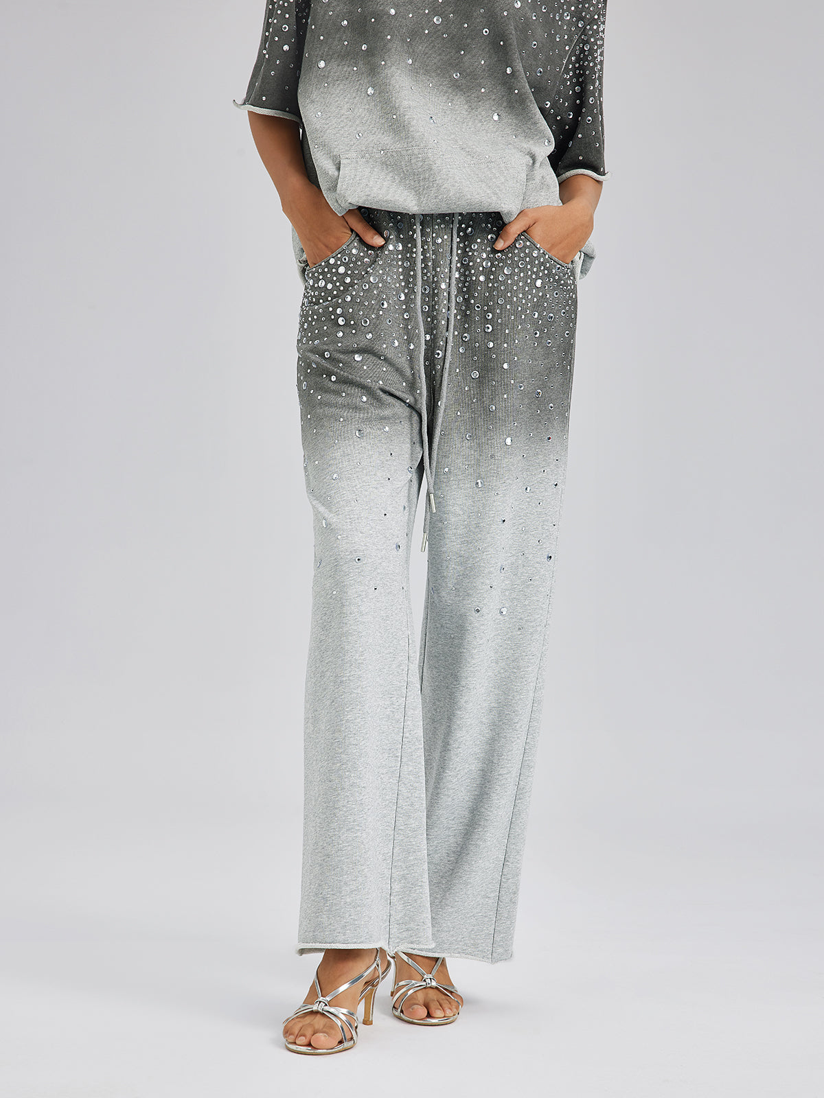 Ombre Rhinestones Washed Knit Pants