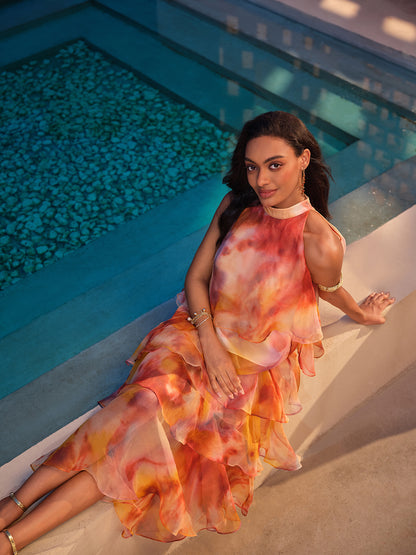 Silk Tie-Dye Ruffled Vacation Skirt