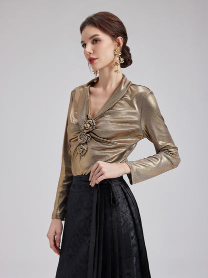 Elegant Rose Pleated V-neck Top