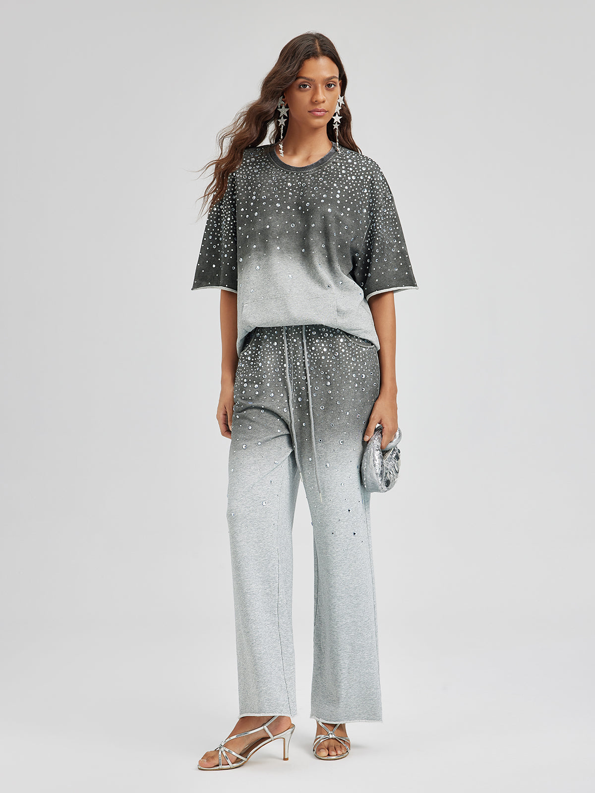 Ombre Rhinestones Washed Knit Pants