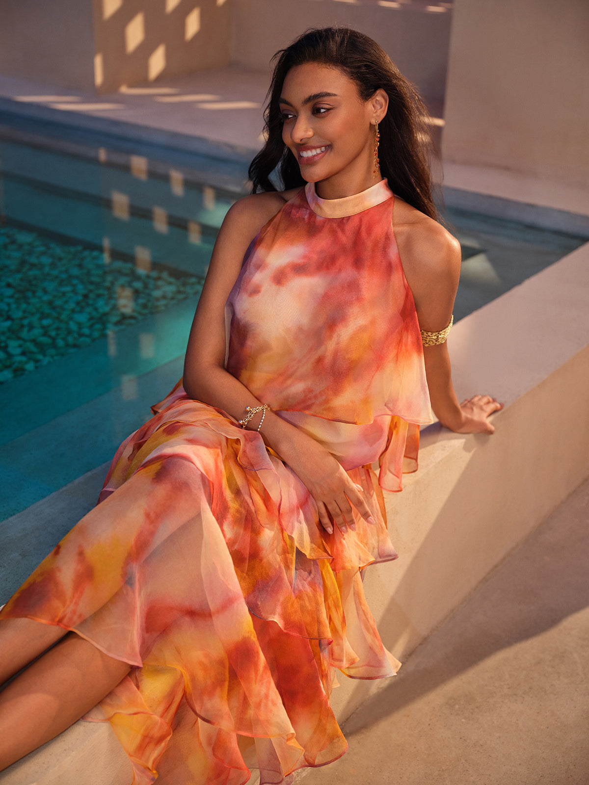 Silk Tie-Dye Off-Shoulder Vacation Top (Detachable Floral Included)