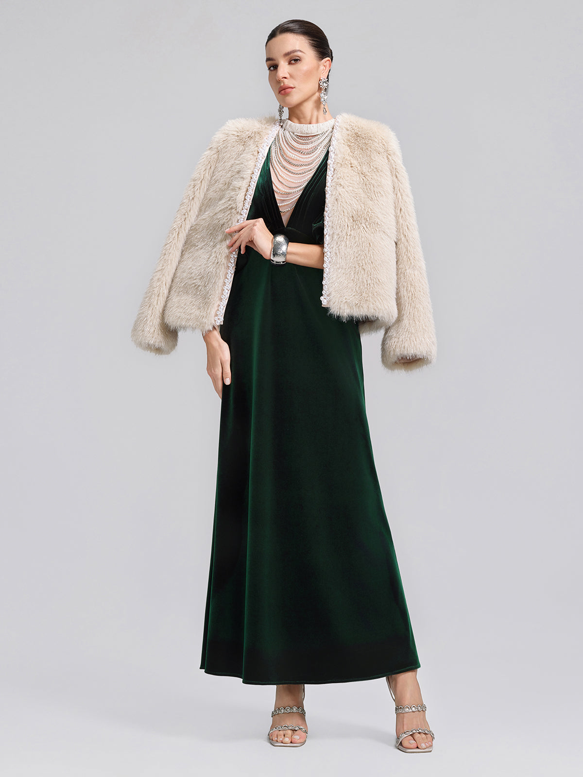 Layered Pearl Velvet Mermaid Gown