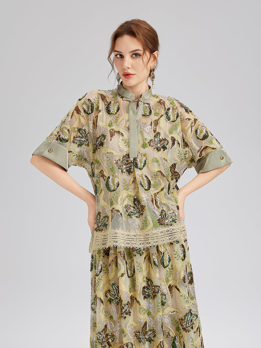 Sequin Lace Mock Neck Blouse