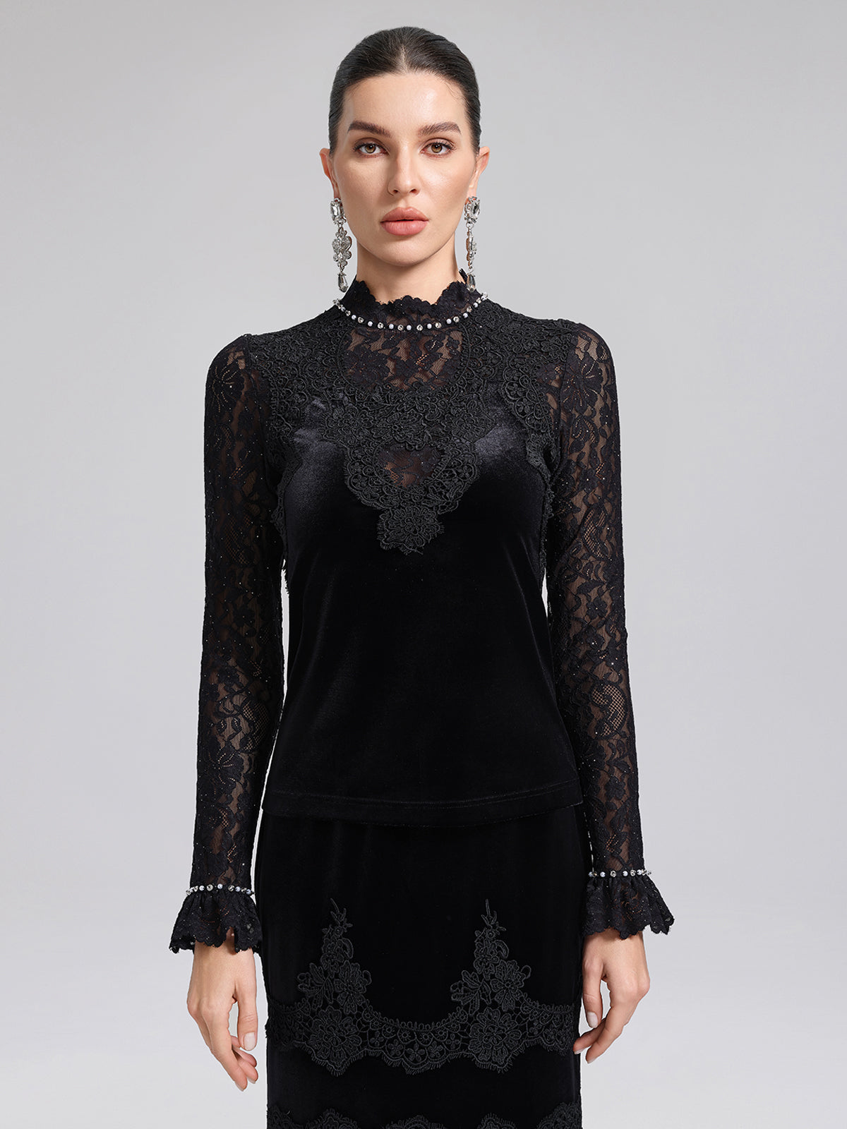 Hand-Beaded Sequin Lace & Velvet Panel Top