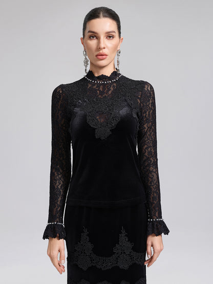Hand-Beaded Sequin Lace & Velvet Panel Top