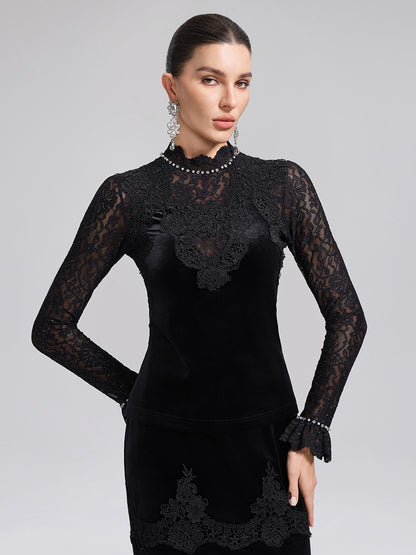 Hand-Beaded Sequin Lace & Velvet Panel Top
