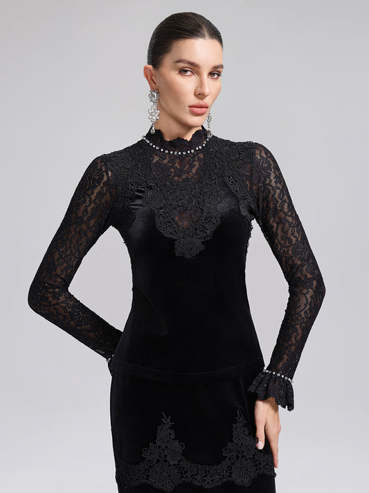 Hand-Beaded Sequin Lace & Velvet Panel Top