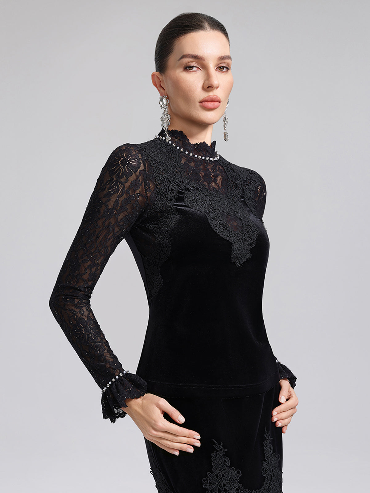Hand-Beaded Sequin Lace & Velvet Panel Top