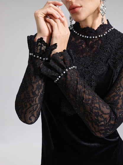 Hand-Beaded Sequin Lace & Velvet Panel Top