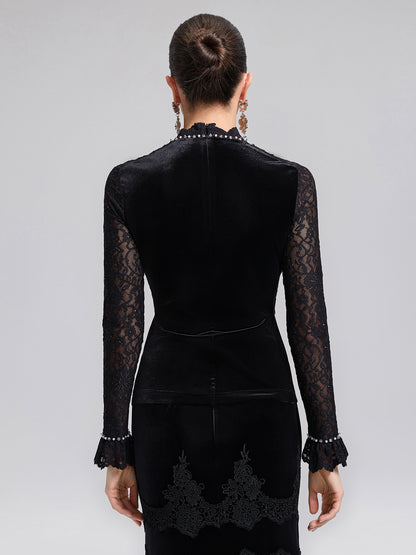 Hand-Beaded Sequin Lace & Velvet Panel Top